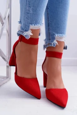 Czółenka Damskie Na Słupku W Szpic Czerwone Domine