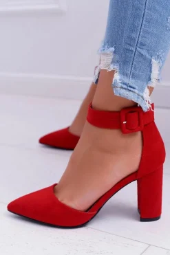 Czółenka Damskie Na Słupku W Szpic Czerwone Domine