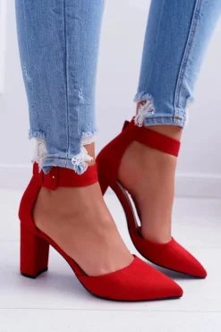 Czółenka Damskie Na Słupku W Szpic Czerwone Domine