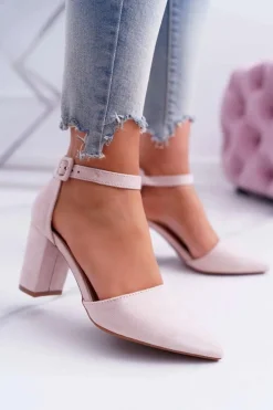 Czółenka Damskie Na Słupku W Szpic Beżowe MadamStyle