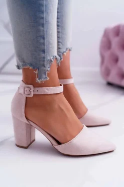 Czółenka Damskie Na Słupku W Szpic Beżowe MadamStyle