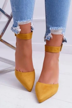 Czółenka Damskie Na Słupku W Szpic Żółte Domine