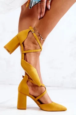 Czółenka Damskie Na Słupku W Szpic Żółte Future