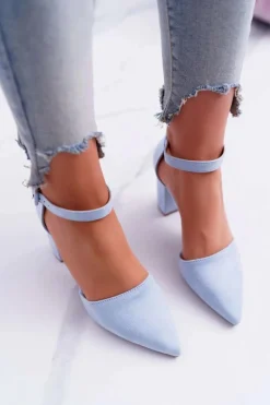 Czółenka Damskie Na Słupku W Szpic Niebieskie MadamStyle