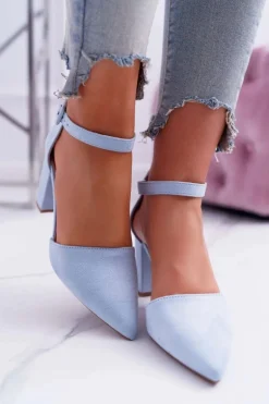 Czółenka Damskie Na Słupku W Szpic Niebieskie MadamStyle