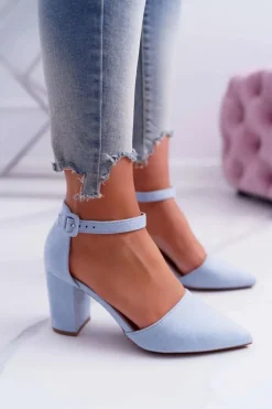 Czółenka Damskie Na Słupku W Szpic Niebieskie MadamStyle