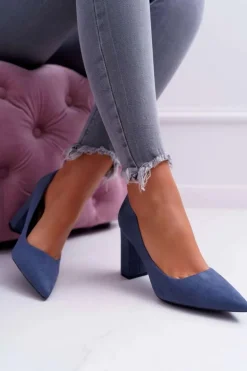 Czółenka Damskie Na Słupku Zamszowe Niebieskie Clarina