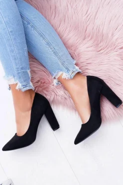 Czółenka Damskie Na Słupku Zamszowe Czarne Strawberry