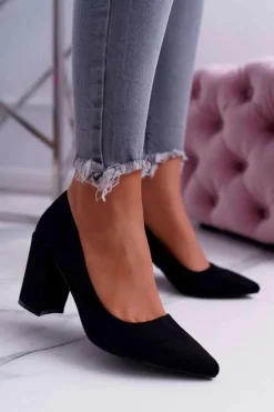 Czółenka Damskie Na Słupku Zamszowe Czarne Neshka