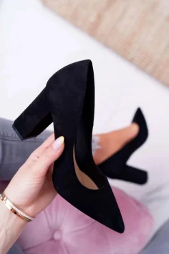 Czółenka Damskie Na Słupku Zamszowe Czarne Clarina