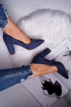 Czółenka Damskie Na Słupku Zamszowe Granatowe Florena