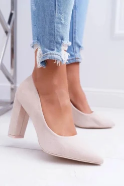 Czółenka Damskie Na Słupku Zamszowe Beżowe Strawberry