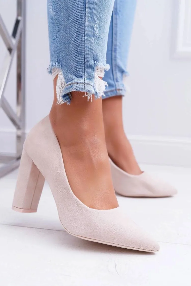 Czółenka Damskie Na Słupku Zamszowe Beżowe Strawberry