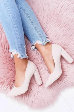 Czółenka Damskie Na Słupku Zamszowe Beżowe Strawberry