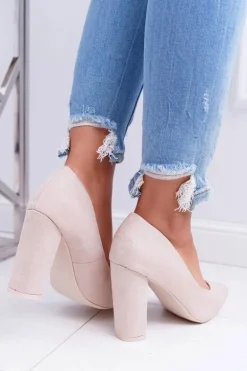 Czółenka Damskie Na Słupku Zamszowe Beżowe Strawberry