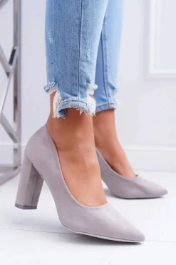 Czółenka Damskie Na Słupku Zamszowe Szare Strawberry