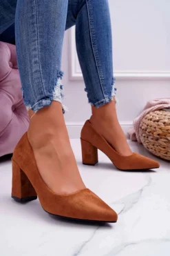 Czółenka Damskie Na Słupku Zamszowe Camel Femmini