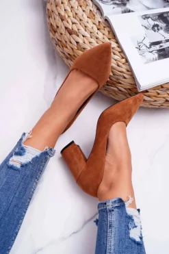 Czółenka Damskie Na Słupku Zamszowe Camel Femmini