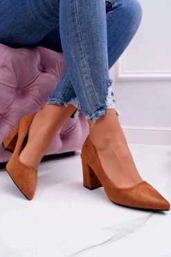 Czółenka Damskie Na Słupku Zamszowe Camel Femmini