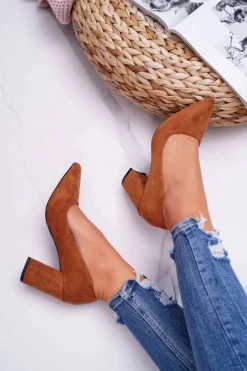 Czółenka Damskie Na Słupku Zamszowe Camel Femmini