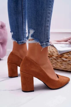 Czółenka Damskie Na Słupku Zamszowe Camel Femmini