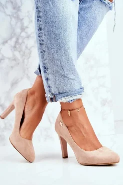 Czółenka Damskie Na Słupku Zamsz Sergio Leone Beżowe Campbell