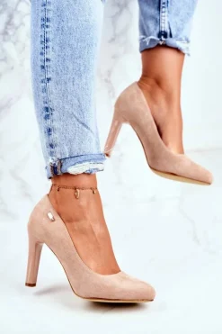 Czółenka Damskie Na Słupku Zamsz Sergio Leone Beżowe Campbell