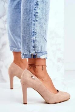 Czółenka Damskie Na Słupku Zamsz Sergio Leone Beżowe Campbell