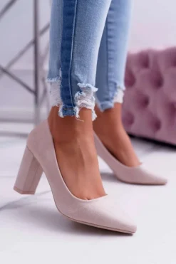 Czółenka Damskie Na Słupku Zamszowe Beżowe Raspberry