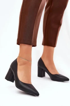 Czółenka Damskie Na Słupku Ze Szpiczastym Noskiem Czarne Deonira