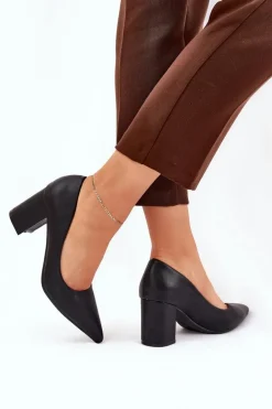 Czółenka Damskie Na Słupku Ze Szpiczastym Noskiem Czarne Deonira