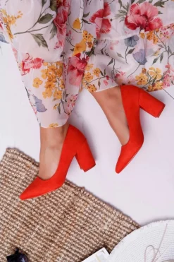 Czółenka Damskie Na Słupku Zamszowe Pomarańczowe Neshka