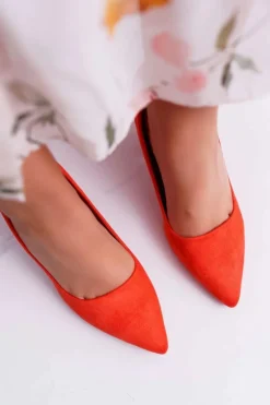 Czółenka Damskie Na Słupku Zamszowe Pomarańczowe Neshka