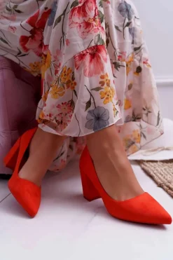 Czółenka Damskie Na Słupku Zamszowe Pomarańczowe Neshka