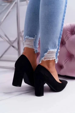 Czółenka Damskie Na Słupku Zamszowe Czarne Eriela