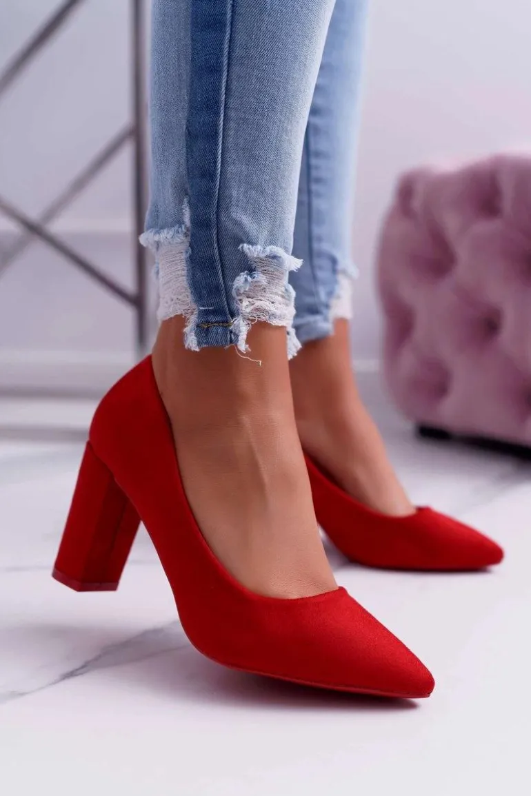 Czółenka Damskie Na Słupku Zamszowe Czerwone Raspberry