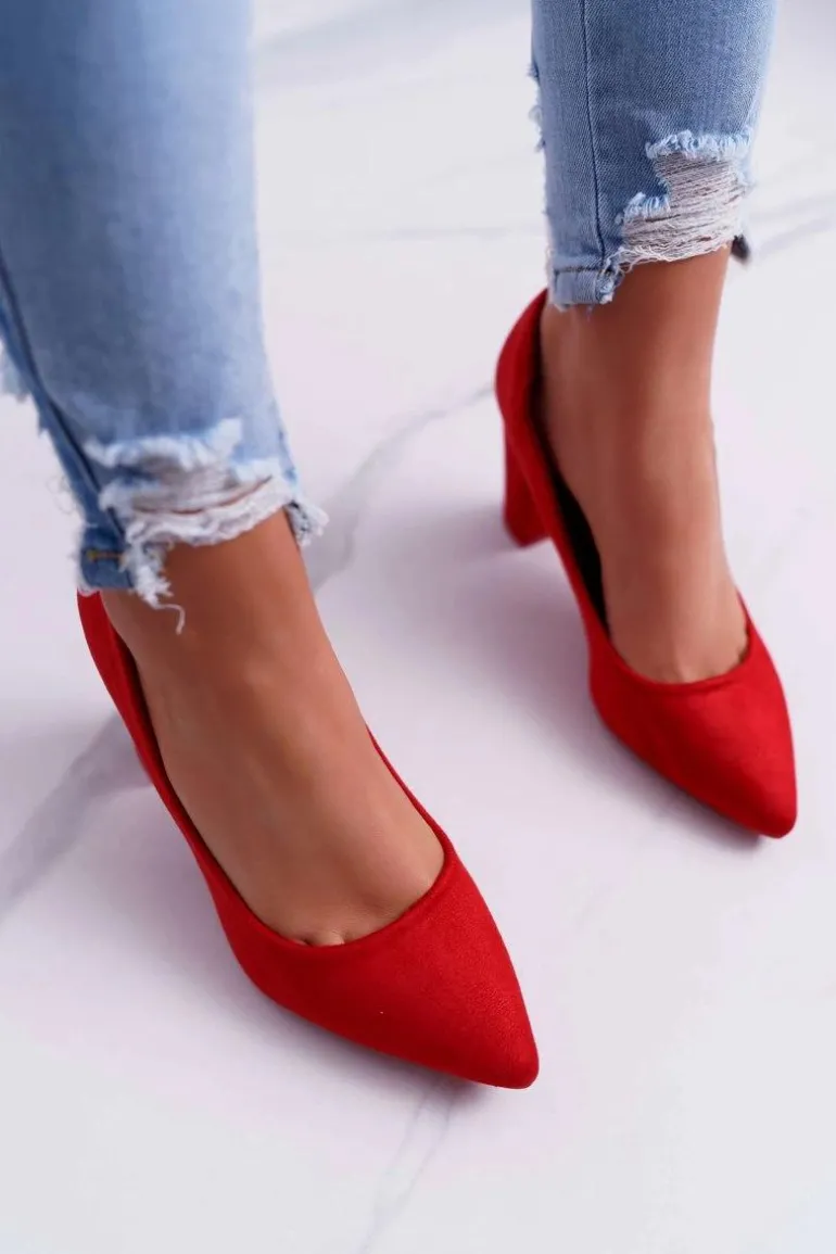 Czółenka Damskie Na Słupku Zamszowe Czerwone Raspberry