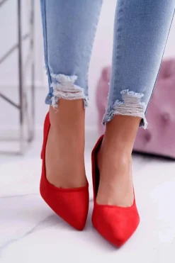 Czółenka Damskie Na Słupku Zamszowe Czerwone Raspberry