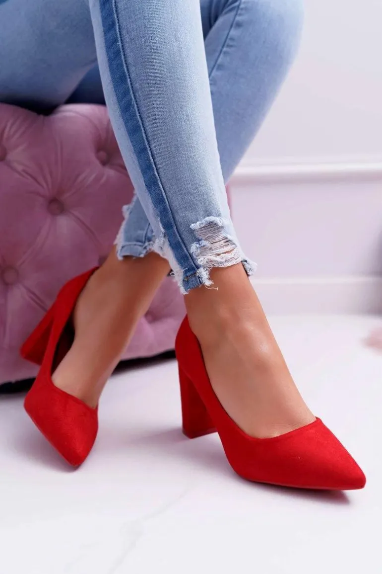 Czółenka Damskie Na Słupku Zamszowe Czerwone Raspberry