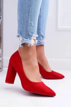 Czółenka Damskie Na Słupku Zamszowe Czerwone Strawberry