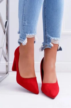 Czółenka Damskie Na Słupku Zamszowe Czerwone Strawberry