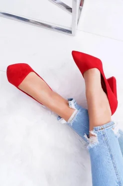 Czółenka Damskie Na Słupku Zamszowe Czerwone Strawberry