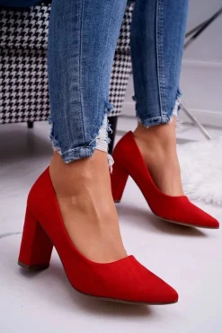 Czółenka Damskie Na Słupku Zamszowe Czerwone Florena