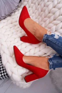 Czółenka Damskie Na Słupku Zamszowe Czerwone Florena