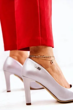 Czółenka Damskie Perłowe Na Słupku Sergio Leone Srebrne Campbell