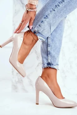 Czółenka Damskie Sergio Leone Na Słupku Lakier Jasnoszare Campbell