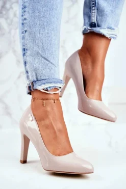 Czółenka Damskie Sergio Leone Na Słupku Lakier Jasnoszare Campbell