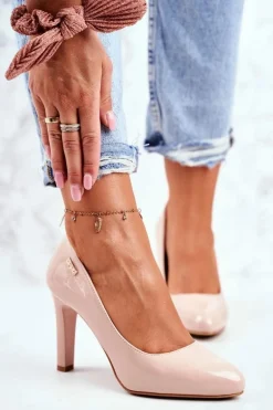 Czółenka Damskie Sergio Leone Lakierowane Na Słupku Beżowe Campbell