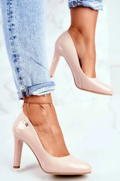 Czółenka Damskie Sergio Leone Lakierowane Na Słupku Beżowe Campbell