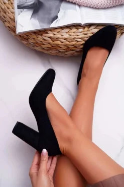 Czółenka Damskie Sergio Leone Czarne Zamszowe Kwiaty Gendar